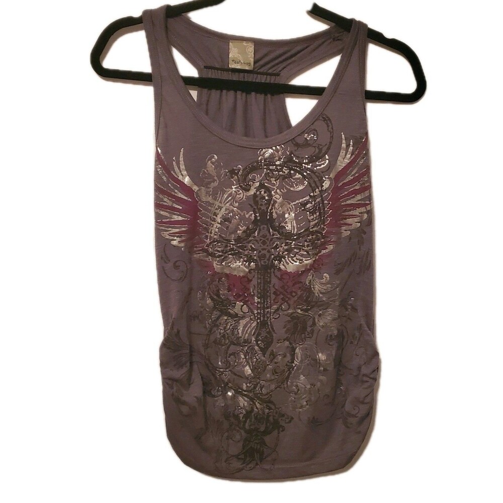 Y2K EAST WAY MCBling Style Racerback Tank Gray Pink Cross Angel Wings Rock Med